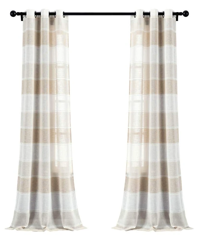 Lush Decor Beige Textured Striped Grommet Sheer Window Curtain Panel Pair (84" x 38"), 84" x 38