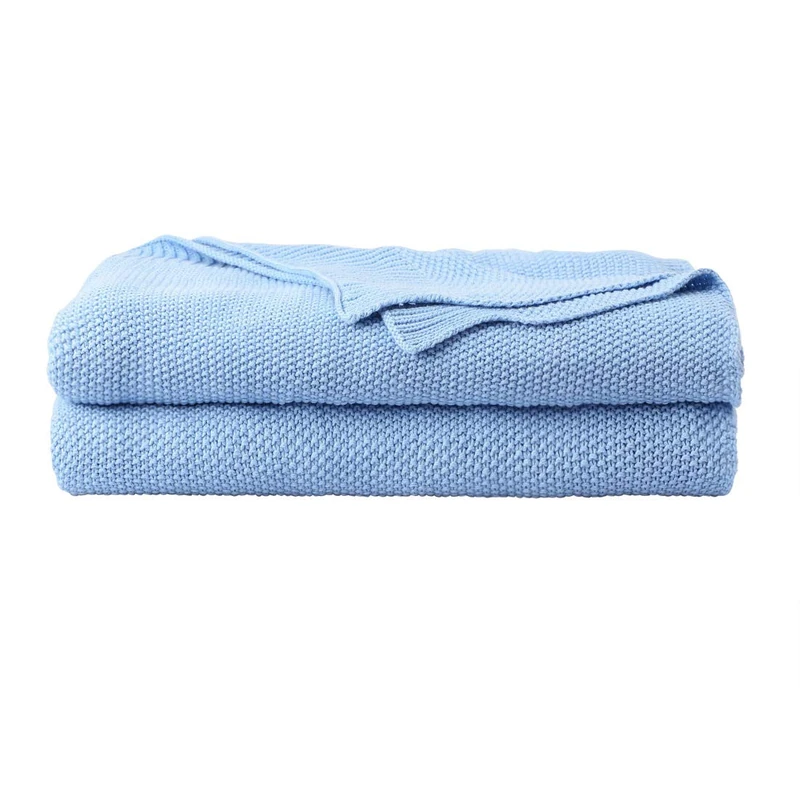 PiccoCasa 100% Cotton Knit Throw Blanket,Solid Lightweight Decorative Throws and Blankets,Soft Knitted Throw Blanket for Sofa Couch, Pale Blue 50" x 60"
