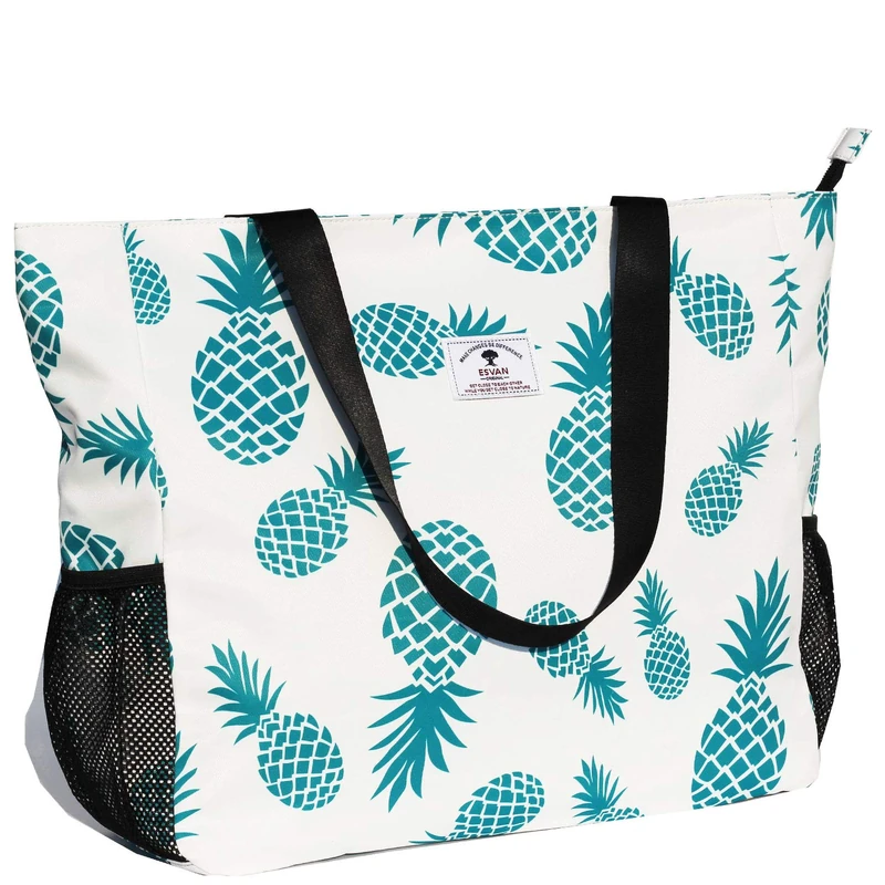 ESVAN Large Beach Bag Water Resistant Lightweight 20 inch Women Oversize Tote Bag for Gym Beach Travel Pool Yoga Nurse (White Pineapple)