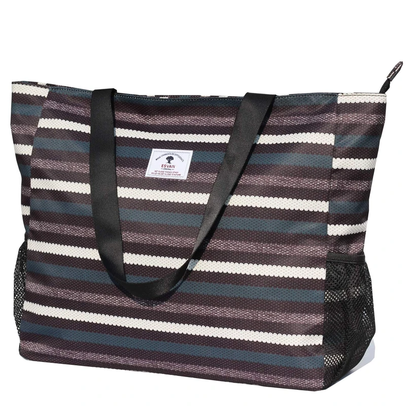 ESVAN Large Beach Bag Water Resistant Lightweight 20 inch Women Oversize Tote Bag for Gym Beach Travel Pool Yoga Nurse (Black&White Stripe)