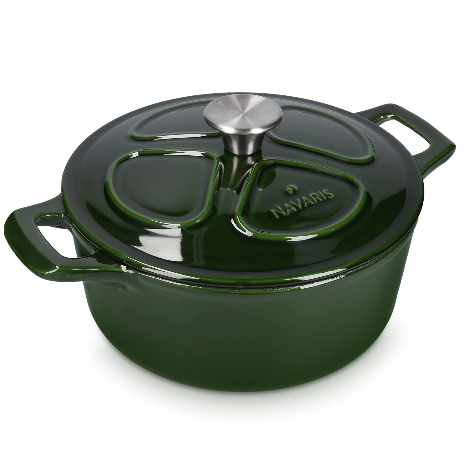 Navaris Cast Iron Casserole Dish with Lid - 24cm Round Dutch Oven Pot with Enamel Coating, 3.5L - Safe for Induction Hob, Oven - Green