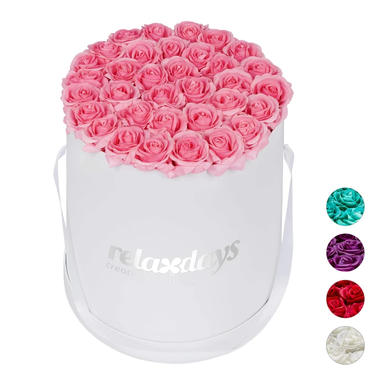 Relaxdays Round Flowerbox with 34 Faux Roses, White Box, Last 10 Years, Present, Decorative Bouquet, Pink, 33 x 32 x 32 cm