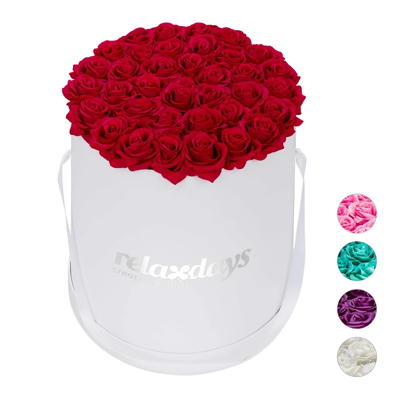 Relaxdays Round Flowerbox with 34 Faux Roses, White Box, Last 10 Years, Present, Decorative Bouquet, Red, 33 x 32 x 32 cm