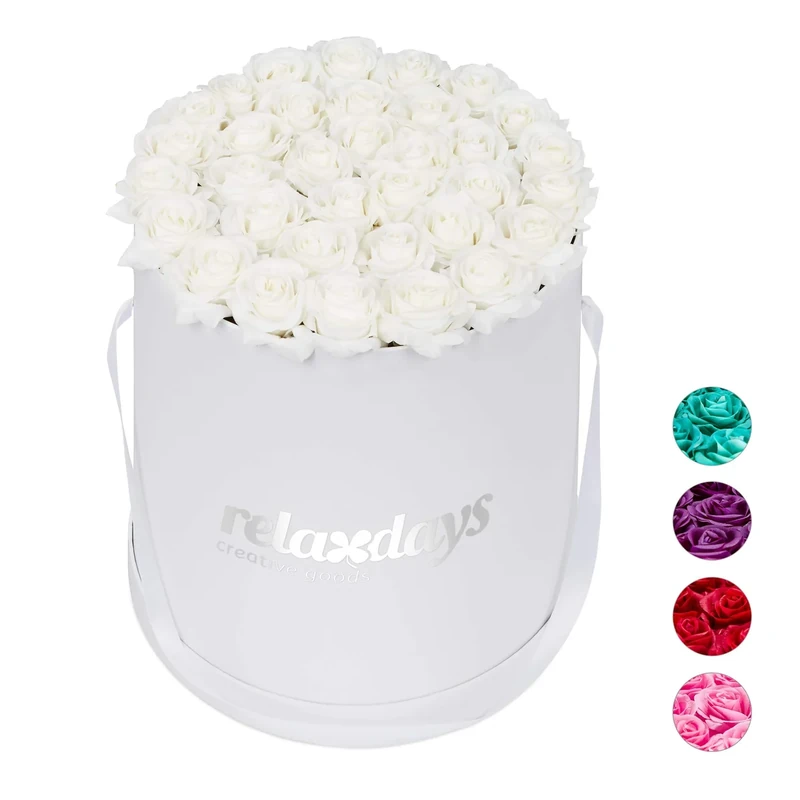 Relaxdays Round Flowerbox with 34 Faux Roses, Box, Last 10 Years, Present, Decorative Bouquet, White, 33 x 32 x 32 cm