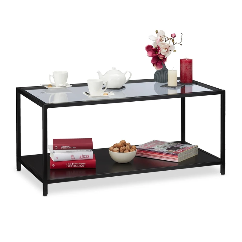 Relaxdays Coffee Table, Glass Top & Metal Frame, MDF Shelf, Modern Living Room Table, HWD 45x100x50 cm, Black