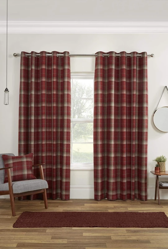 Yorkshire Linen Carnoustie Eyelet Ring Top Curtains 90x72 Red, Polyester, 90 x 72