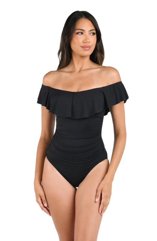 La Blanca Women's Island Goddess Off Shoulder Ruffle One Piece Swimsuit, Black, 4
