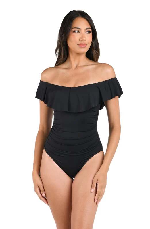 La Blanca Island Goddess Off-The-Shoulder Ruffle One-Piece Black 16