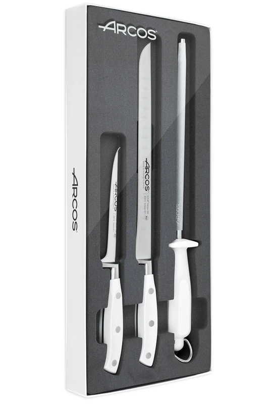 ARCOS Forged Slicing Set 3 pieces - Nitrum Stainless Steel and mm blade,Professional Kitchen Knife for Cooking, 755 gr, Ergonomic Polyoxymethylene POM Handle, Series Riviera Blanc, Color White