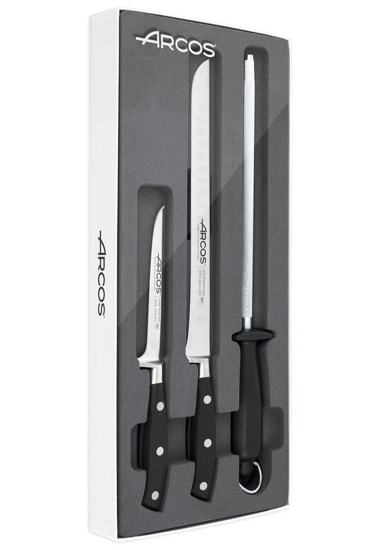 ARCOS Slicing Set 3 pieces Nitrum Stainless Steel and mm blade,753 gr Professional Cooking Knife For Cutting Variety of Foods Ergonomic Polyoxymethylene POM Handle, Series Riviera, Color Black