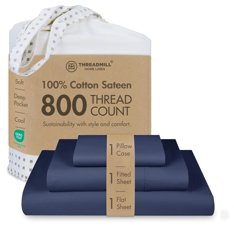 Threadmill Home Linen Twin Bed-Sheets - 800 Thread Count Sateen Weave, 100% Pure Cotton 3 Piece Solid Sheet Set, Extra Long Staple Cotton, Smooth Folkstone Blue Sheets with Elasticized Deep Pocket