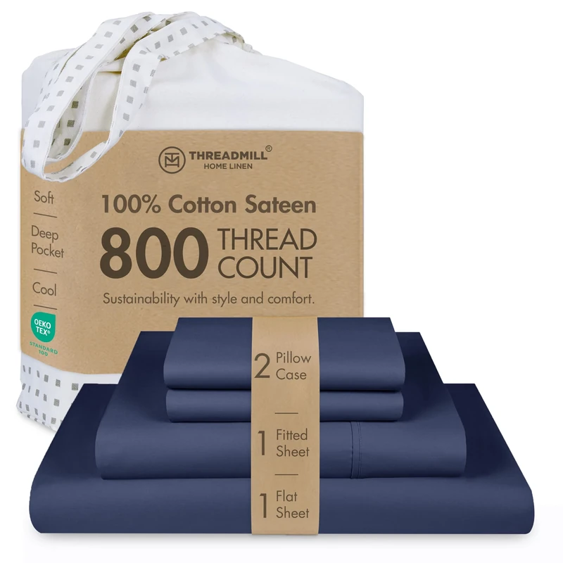 Folkstone 100% Cotton 800 Thread Count Extra Long Combed Cotton Sateen Bed Sheet Set King Size Deep Pocket Blue