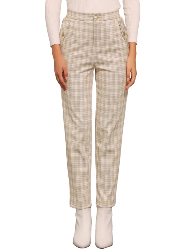Allegra K Women's Tartan Plaid Trousers Elastic Waist Front Slant Pocket Work Straight Leg Pants Khaki 8