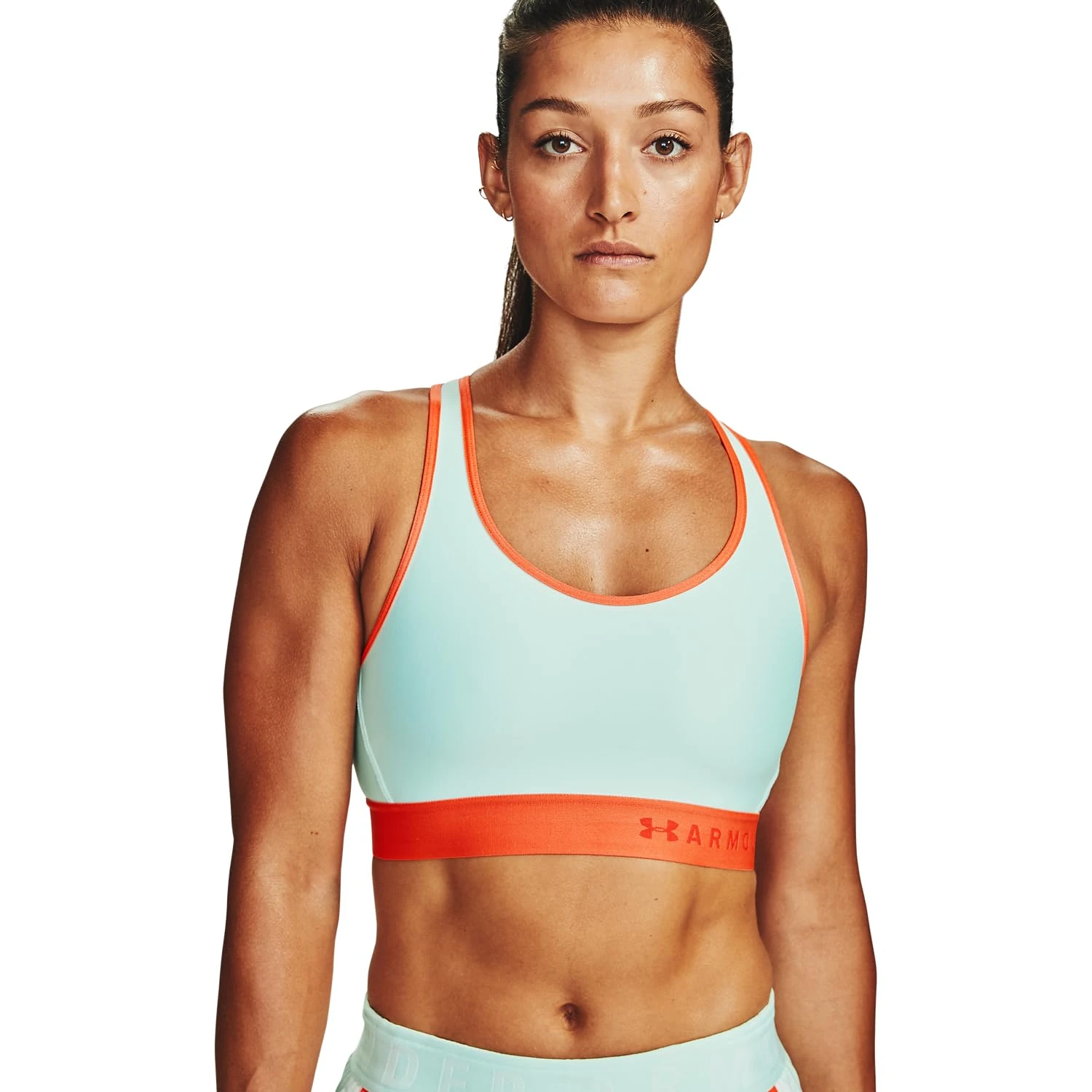 Under Armour Women's Mid Keyhole Sports Bra, Seaglass Blue (403)/Versa Red, S