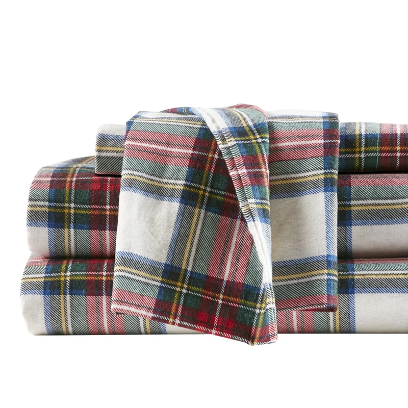 Comfort Spaces Set, Cotton Flannel Breathable Warm Deep Pocket Sheets, Scottish Plaid Red, King