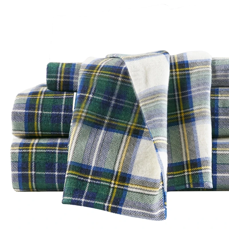 Comfort Spaces Cotton Flannel Breathable Warm Deep Pocket Sheets with Pillow Case Bedding, Queen, Green Plaid Scottish Plaid 4 Piece