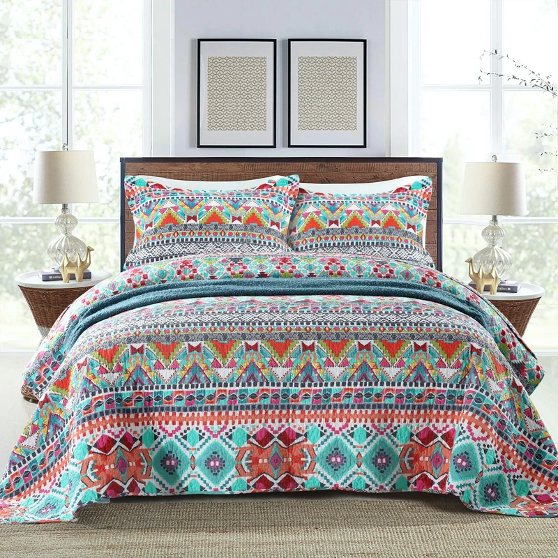 NEWLAKE Cotton Bedspread Quilt Sets-Reversible Patchwork Coverlet Set,Boundless Universe Pattern,Queen Size