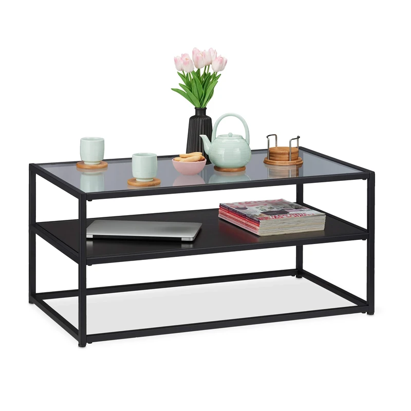 Relaxdays Coffee Table, MDF Shel, Glass & Metal, Modern Design, Chic Living Room Table, HWD 42x90x50 cm, Black