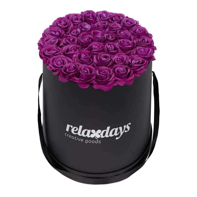 Relaxdays Round Flowerbox with 34 Faux Roses, Black Box, Last 10 Years, Gift, Decorative Bouquet, Purple, 33 x 32 x 32 cm