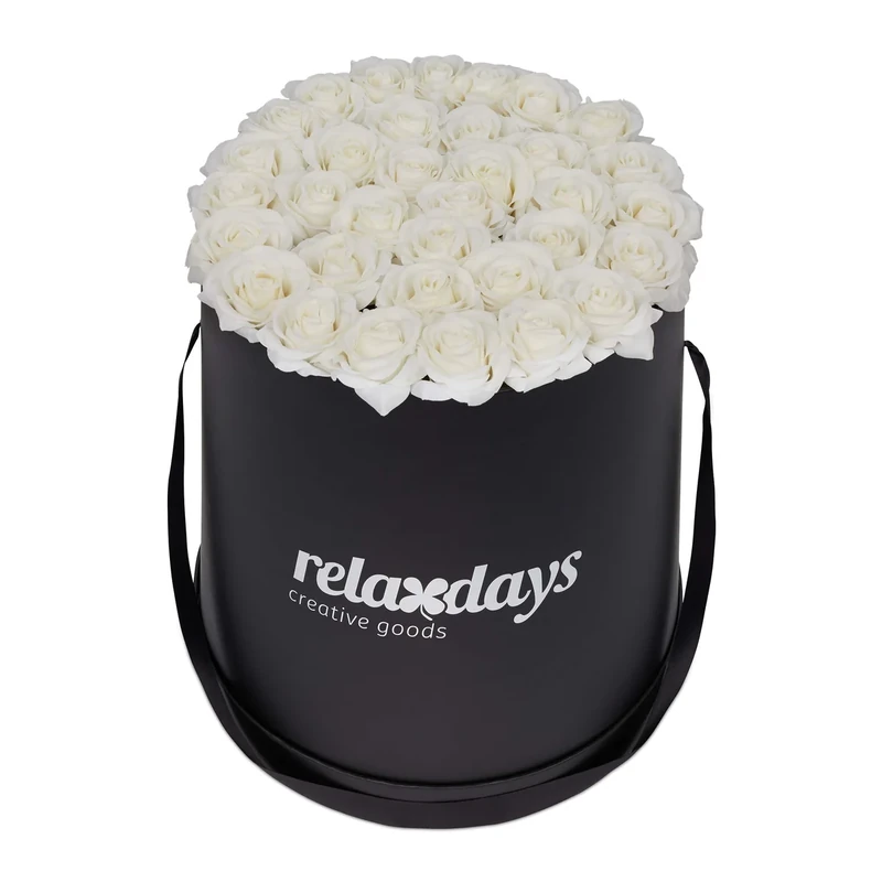 Relaxdays Round Flowerbox with 34 Faux Roses, Black Box, Last 10 Years, Gift, Decorative Bouquet, White, 33 x 32 x 32 cm