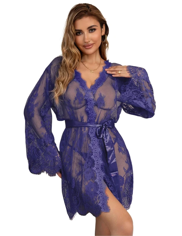 ohyeahlady Womens Sexy Lingerie Set Plus Size Babydoll Nightwear Kimono Dressing Gown Lace Robe Transparent Nightdresses with G-String (Blue, UK 16-18)