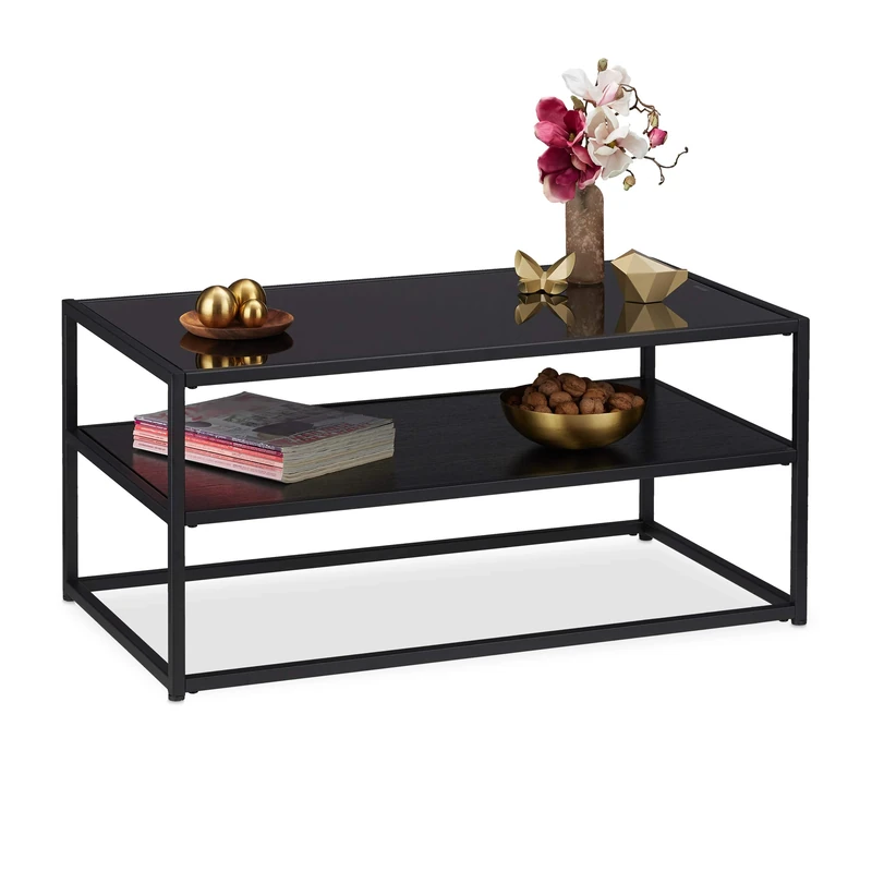 Relaxdays Glass Coffee Table, 2 Tiers, Metal & Glas Tier, Living Room Side Table, HxWxD: app. 42 x 90 x 50 cm, Black