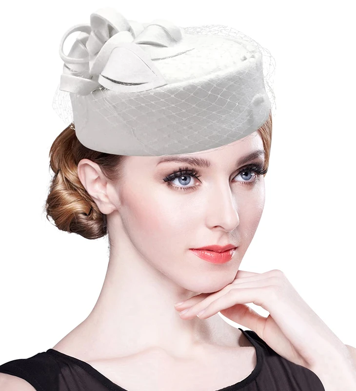 Z&X Women's Wool Fascinator Winter British Retro Pillbox Hat Wool Felt Church Wedding Cocktail Hat Veil Flower Fedoras Ivory White - Image 1