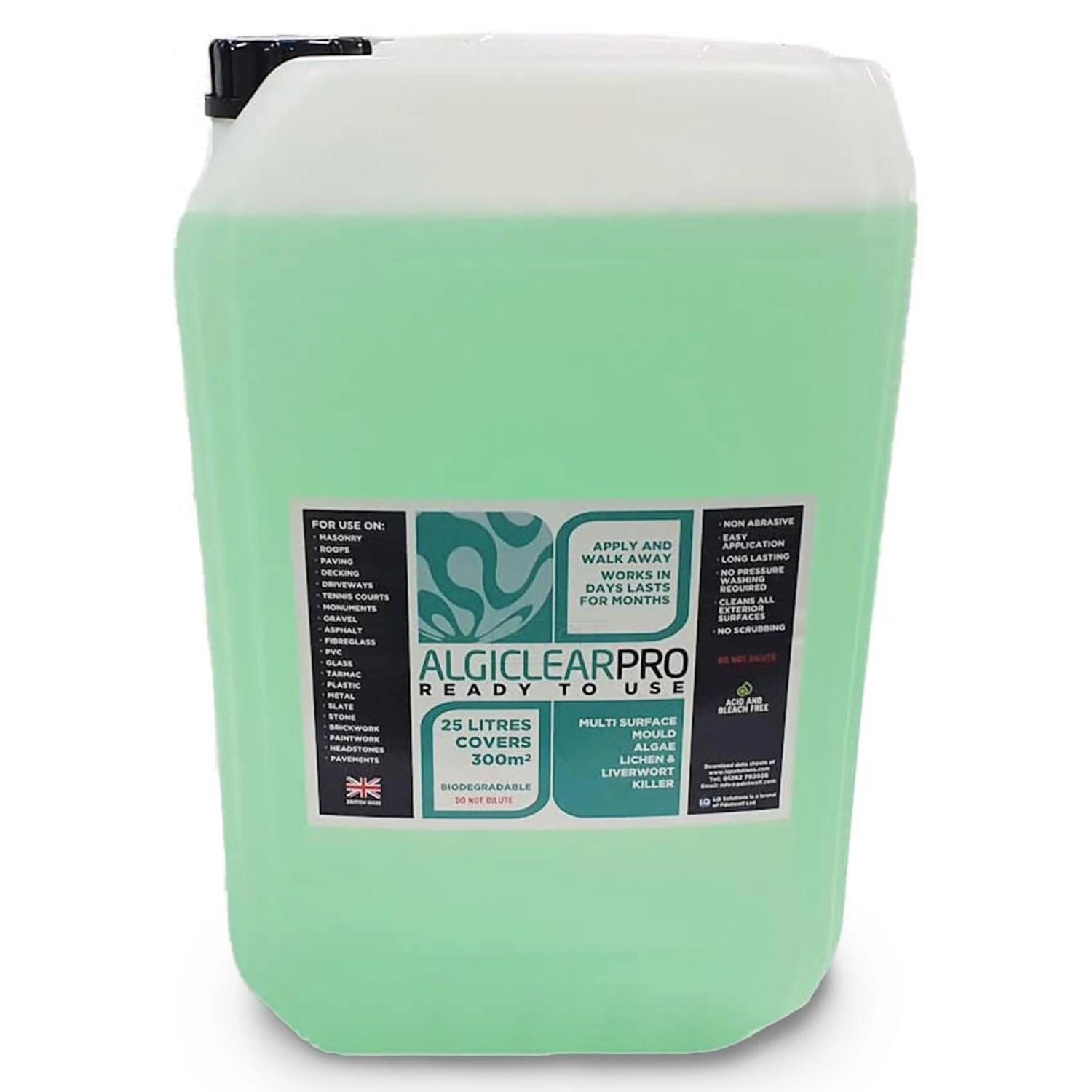 Algiclear Pro Ready to Use - Green Algae, Liverwort & Mould Remover for Large Outdoor Spaces – Cleans & Brightens Fences, Roof Tiles, Solar Panels, Concrete, Tarmac & Bricks up to 300 m² - 25 Litres