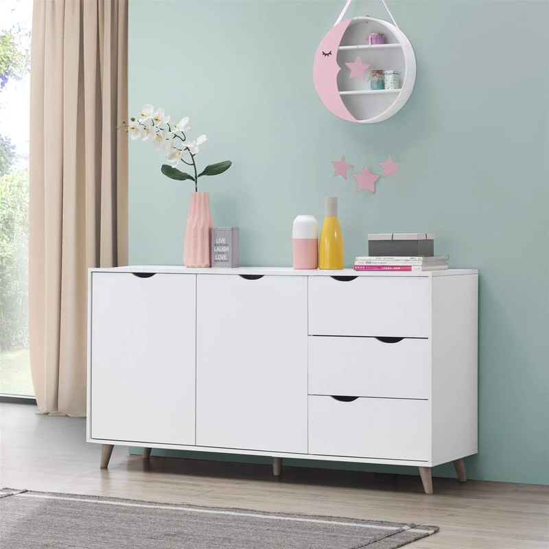 Timber Art Design UK Sideboard Cabinet Cupboard Buffet 2 Doors 3 Drawers Storage Unit Modern Furniture Living Room Hallway Dining Room White - W147 x H77 x D39 cm