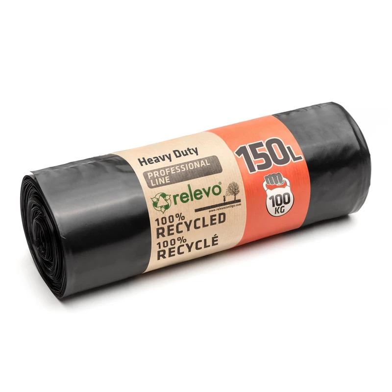 Relevo Professional Heavy Duty Black Bin Bags – 150L (Width 80 cm × Height 110 cm), 10 Bags per Roll | Extra Strong & Leak-Proof | 75 µm (Microns) | 100% Recycled LDPE