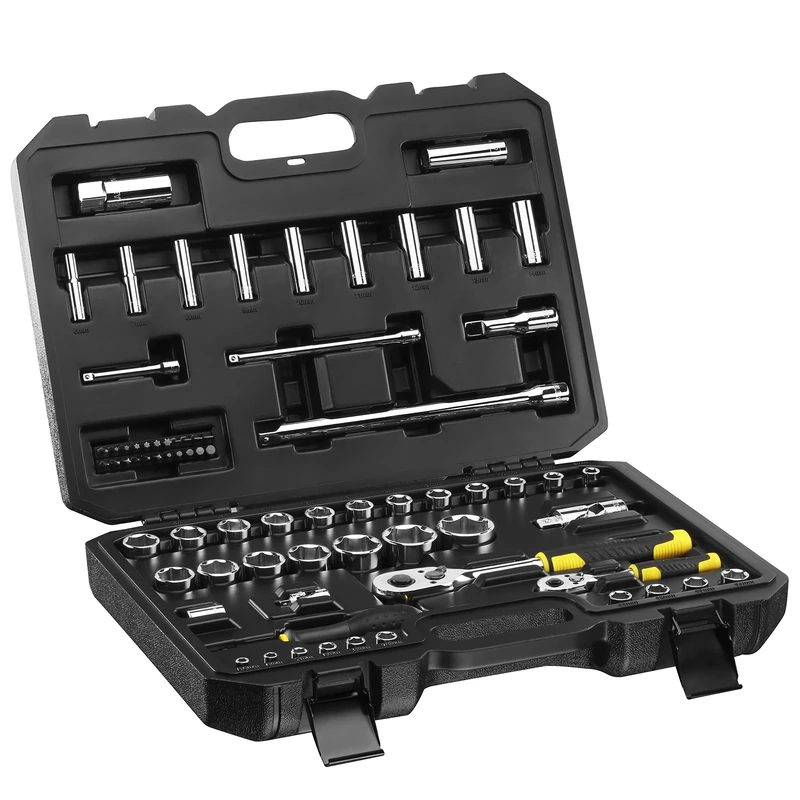 STANLEY STMT82831-1 Set of ¼ Inch + ½ Inch Sockets + 72 Teeth 1/4 Inch Ratchet + 72 Teeth 1/2 Inch Ratchet – Compact and Durable Case with Metal Fasteners – Set of 72 Pieces