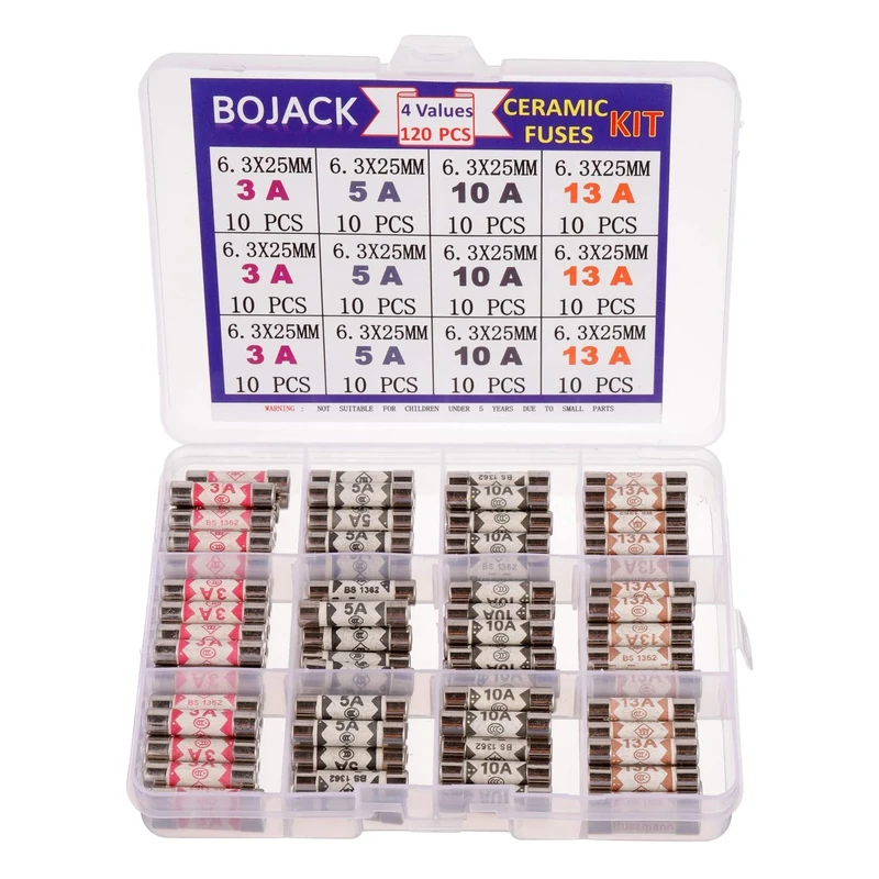 BOJACK 4 Values 120 pcs 3 5 10 13 A amp 240 V Volt Household Mains Plug Fuse 6.3x25 mm 0.25x1Inch BS1362 Ceramic Tube Cartridge Fuses Assortment Kit packag in a Clear Plastic Box