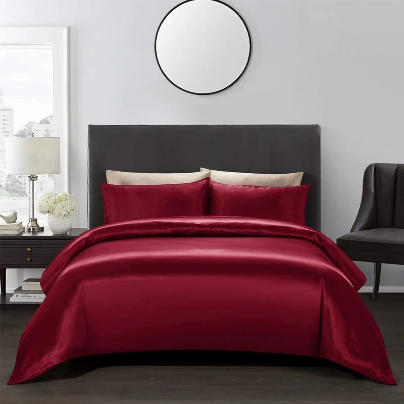 AiMay 3 Piece Satin Duvet Cover Set Bedding Sets King Burgundy 1800 Series Luxury Rich Silk Silky Super Soft Solid Color Reversible Honeymoon Wrinkle Free (King, Burgundy)