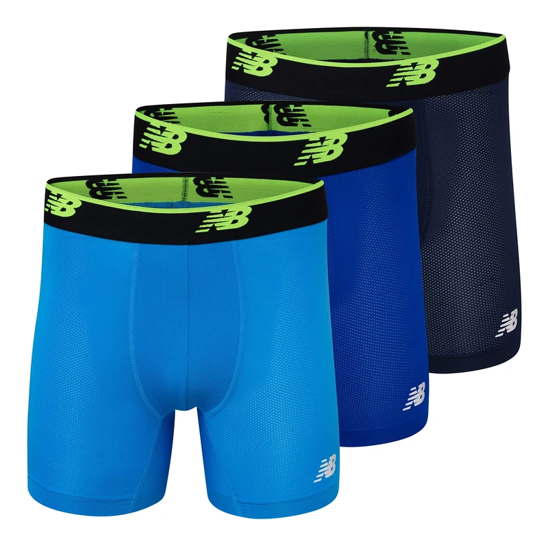 New Balance Men's Mesh 5" No Fly Boxer Brief, 3-Pack, Pigment/Bolt/Team Royal, Small