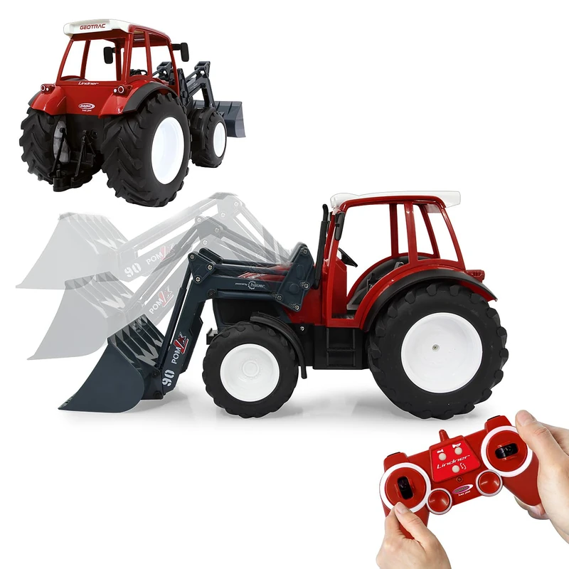 JAMARA 405050 - Lindner Geotrac with Front Loader 1:16 2.4 GHz - Realistic Engine Sound (Switchable), Reversing Warning Sound, Horn, 2 Wheel Drive, Bright LEDs Front, Indicator, Demo Function, Red