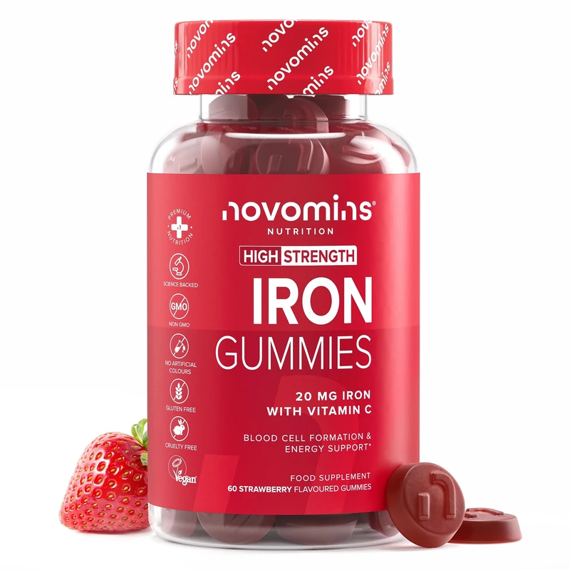 Iron Gummies with Vitamin C - 1-Month Supply - 20mg High Strength Alternative to Iron Tablets & Drops - Supplements for Women & Men - Immune System & Energy Booster - Novomins
