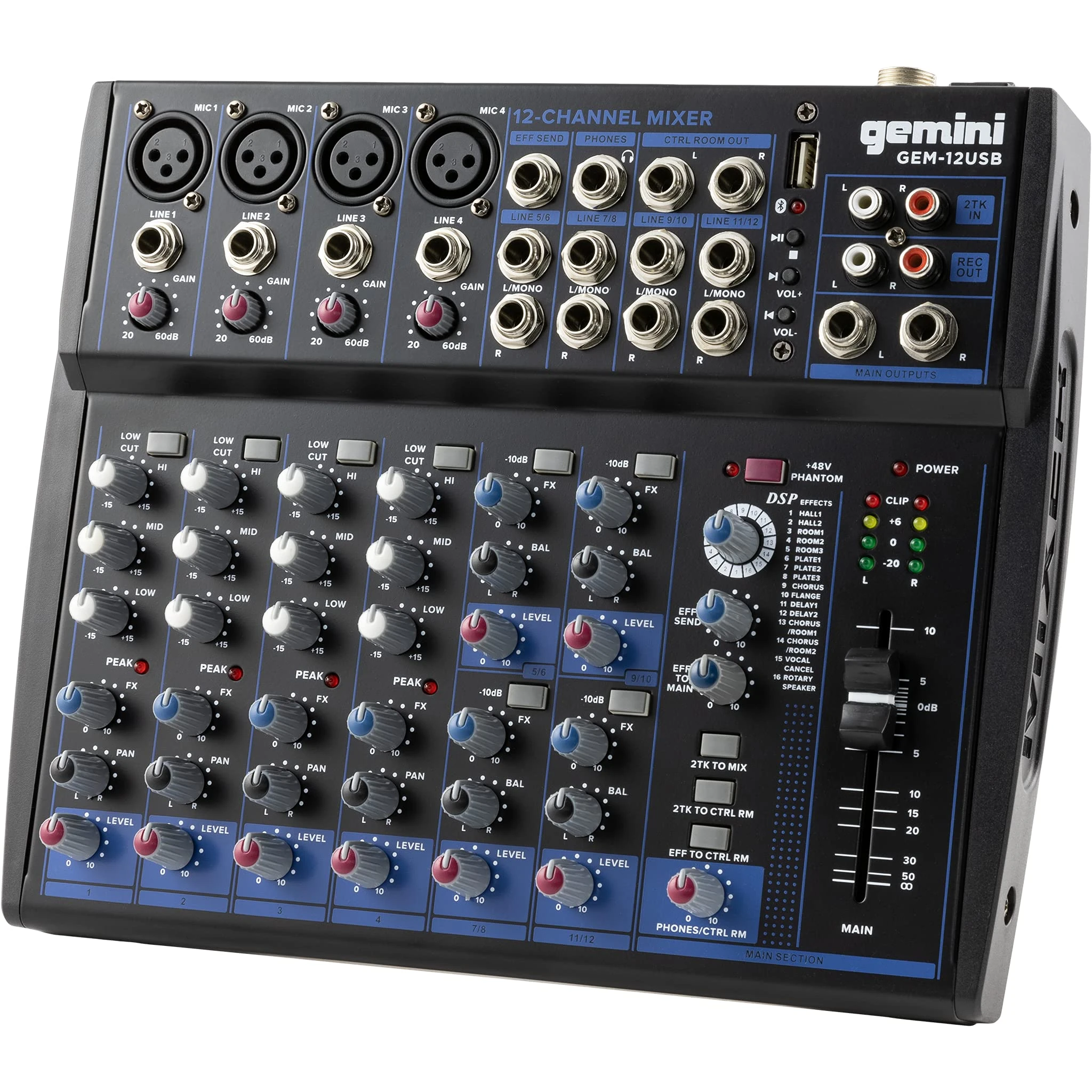 Gemini Sound Gem-12USB - Compact 12 Channel Analogue Mixer Including 4 Mic Channels, 3 Band EQ, USB Playback From USB Stick, And Bluetooth Streaming