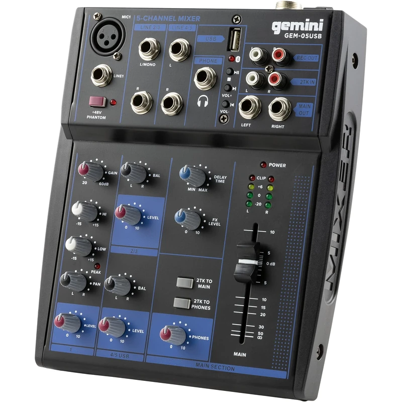 Gemini Sound Gem-05USB - Compact 5 Channel Analogue Mixer Including A Low-Noise Mic Channel, 2 Band EQ, USB Playback From USB Devices, And Bluetooth Streaming