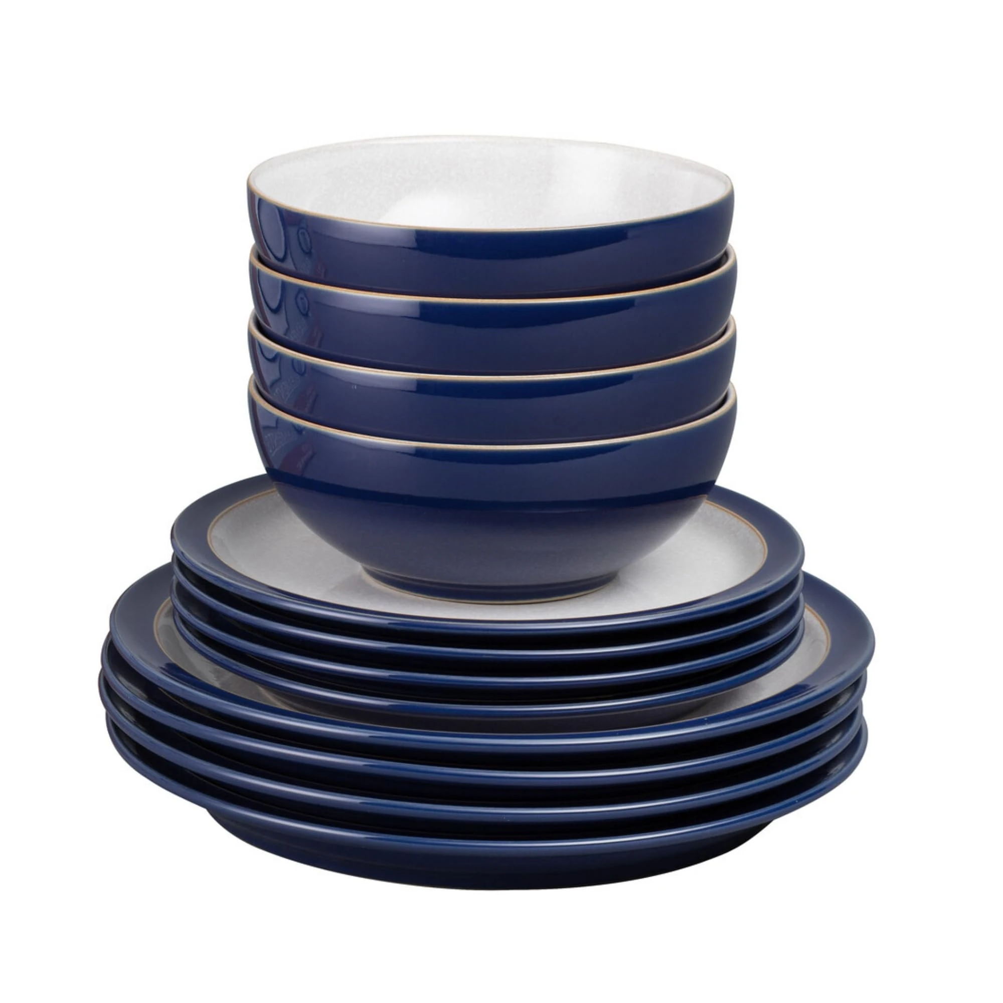 Denby - Elements Dark Blue Dinner Set For 4 - 12 Piece Ceramic Tableware Set - Dishwasher Microwave Safe Crockery Set - 4 x Dinner Plates, 4 x Medium Plates, 4 x Cereal Bowls