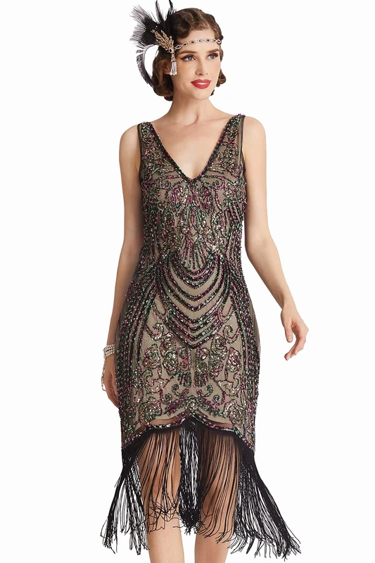 BABEYOND Flapper Dresses 1920s V Neck Beaded Fringed Great Gatsby Dress - - Small