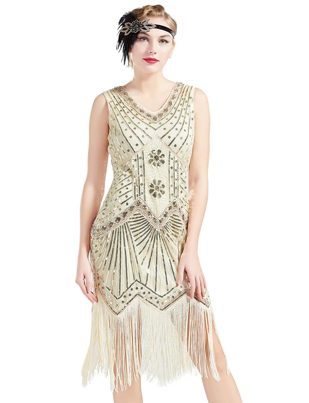 BABEYOND Women's Flapper Dresses 1920s V Neck Beaded Fringed Great Gatsby Dress (Beige, L)