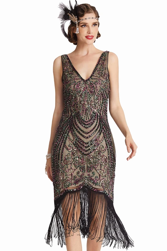 BABEYOND Flapper Dresses 1920s V Neck Beaded Fringed Great Gatsby Dress - Multi - Medium