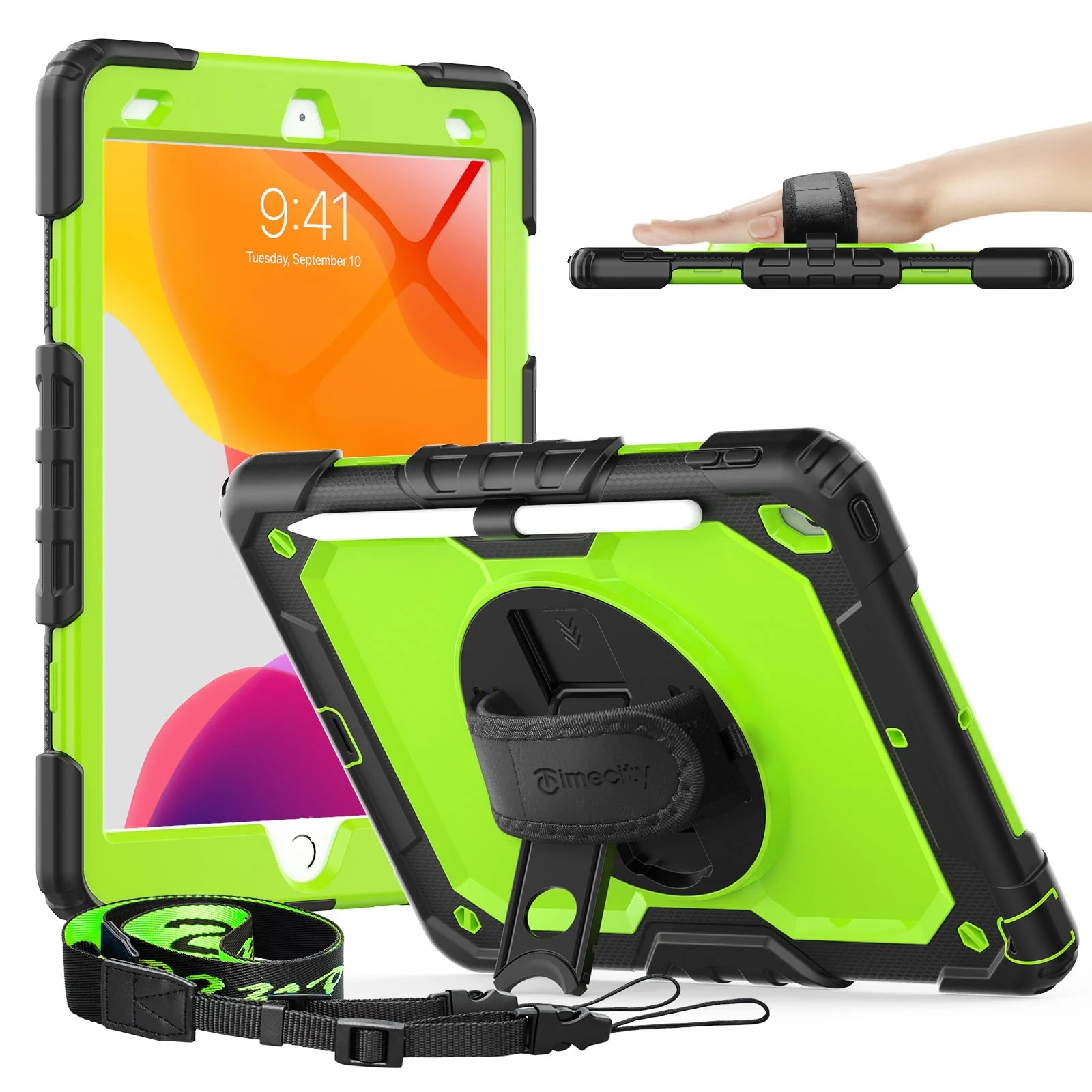Timecity Case for iPad 9th/ 8th/ 7th Generation 10.2 inch - Heavy Duty Protective Cover with Screen Protector, Rotating Stand, Shoulder Strap & Pencil Holder | Kids-Friendly, Green