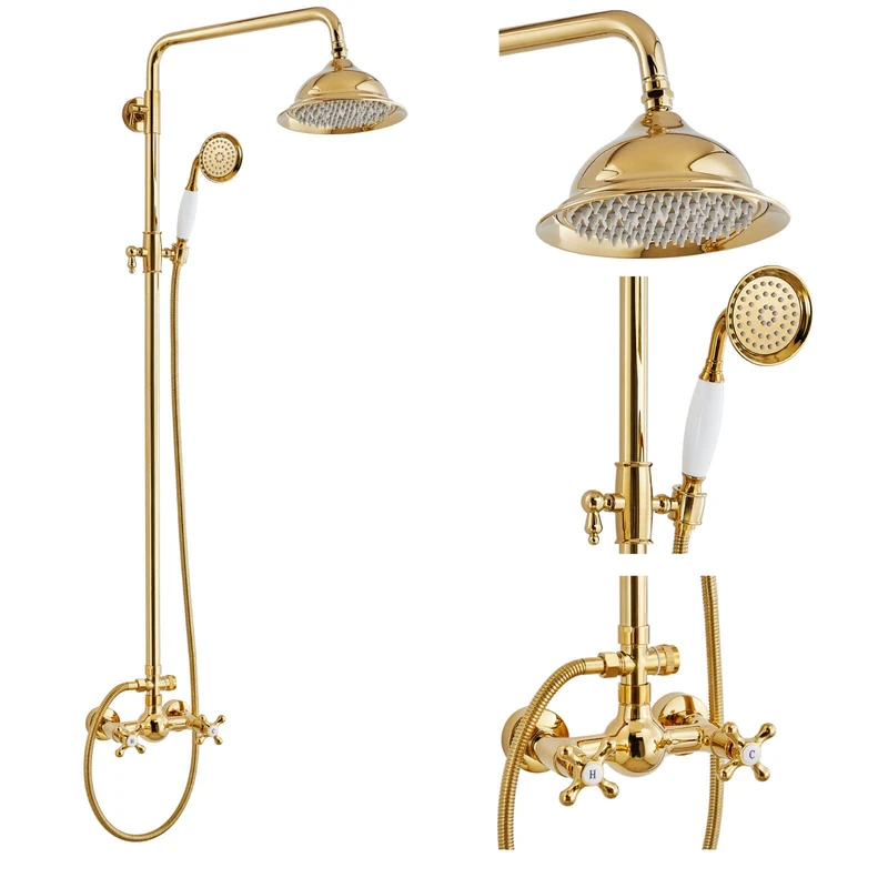 gotonovo Polish Gold Exposed Bathroom Shower Faucet 8 Inch Rainfall Shower Head System Handheld Spray Bathroom Wall Mount Shower Fixture Set