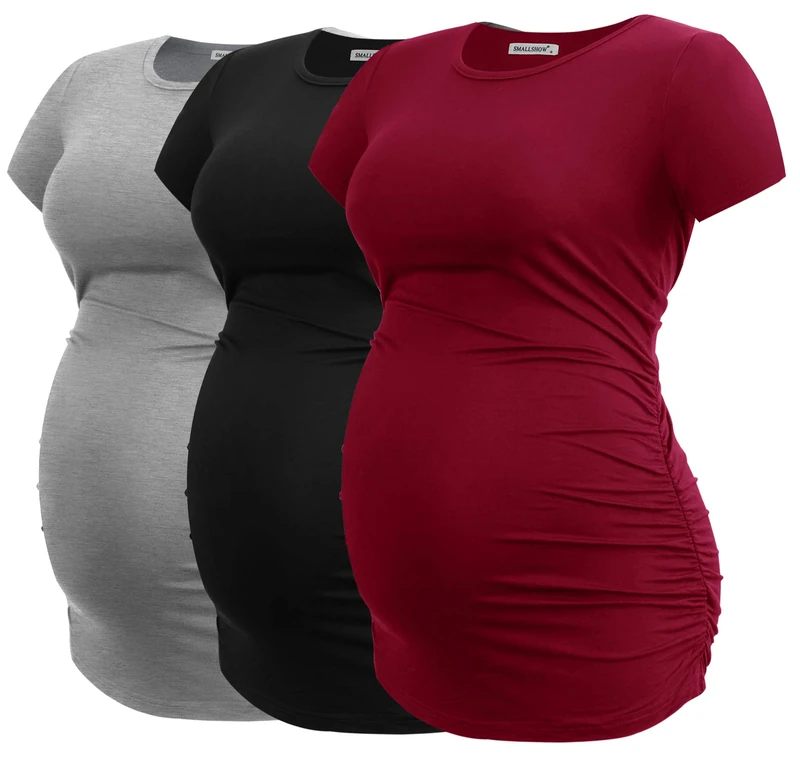 Smallshow Women's Maternity Tops Side Ruched Tunic T-Shirt Pregnancy Clothes, Black/Light Grey/Wine, L