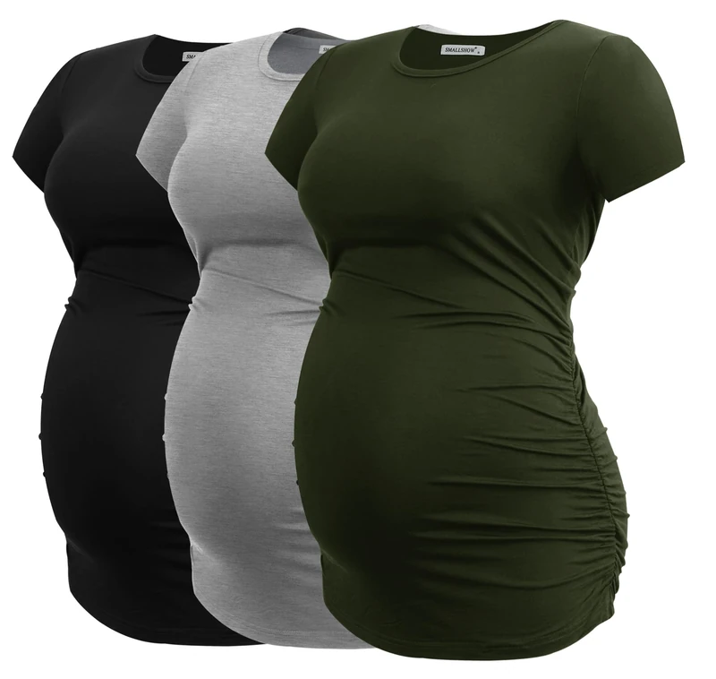 Smallshow Women's Maternity Shirt Side Ruched Tunic Pregnancy Top Clothes 3-Pack, Black/Light Grey/Army Green, M