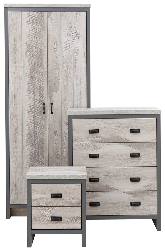 GFW Boston Bedroom Furniture Sets With Bedside Table, Chest Of Drawers & Wardrobe, Contemporary Wooden Matching Bedroom Furniture Sets, Grey, 3 Piece Set
