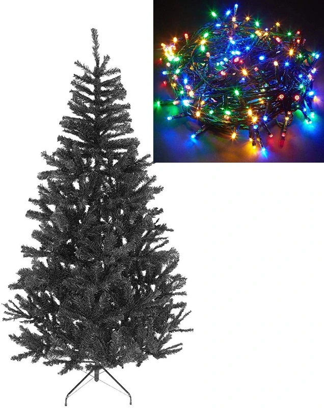 SHATCHI Alaskan Pine Jet Black Christmas Tree Home Decorations Sizes 6ft / 180cm / with 400 Multicolour LEDs Lights (Separate), 180 - Image 1