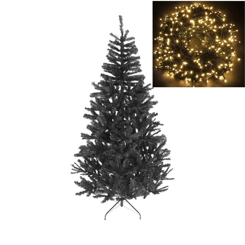 SHATCHI Alaskan Pine Jet Black Christmas Tree Home Decorations Sizes 8ft / 240cm / WITH 500 WARM WHITE LEDS LIGHTS (Separate) - Image 1