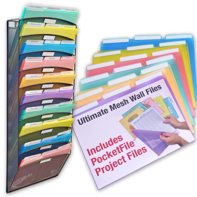 Ultimate Office Mesh Wall File Organizer, 10 Tier Vertical Mount Hanging File Sorter. Multipurpose Display Rack Includes 18, 3rd Cut PocketFile Clear Document Folder Project Pockets (Black)